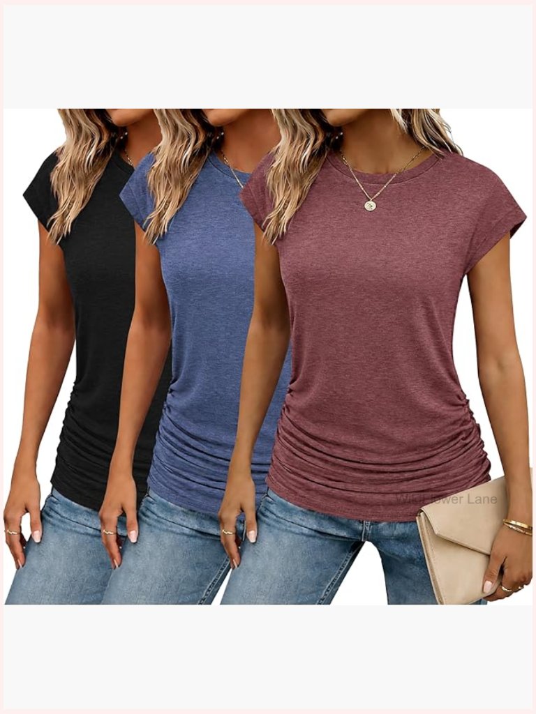 Ruched Crew Neck Tunic Blouse Cap Short Sleeve T-Shirt Women Trendy Top